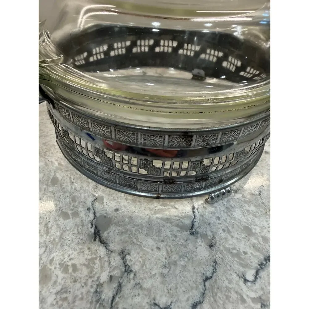 Vintage Pyrex Glass Casserole Dish  w Silver-plated Metal Serving Stand